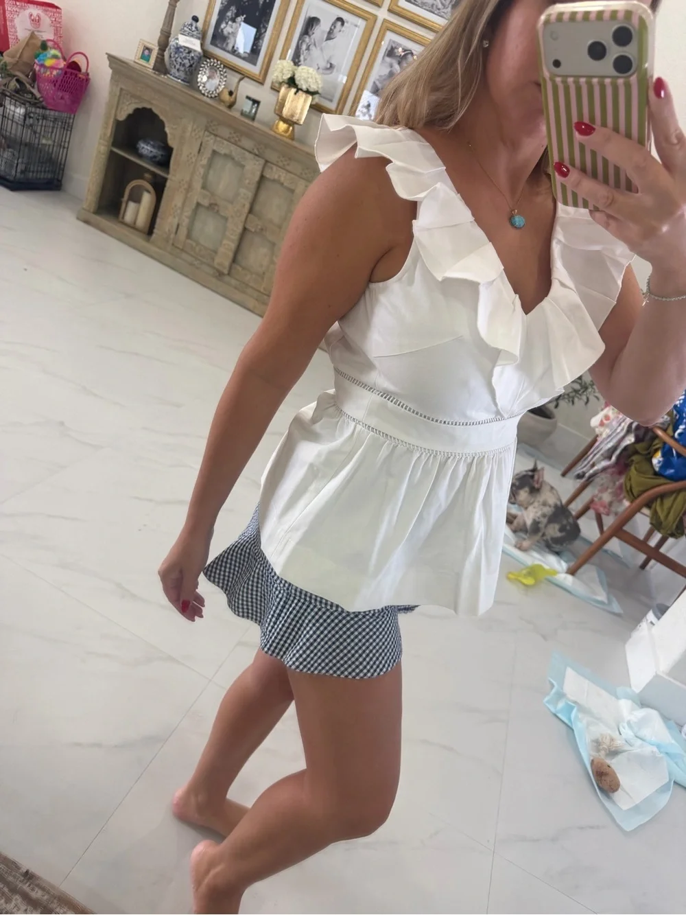 kate spade Cotton White Ruffle V-Neck Peplum Top
